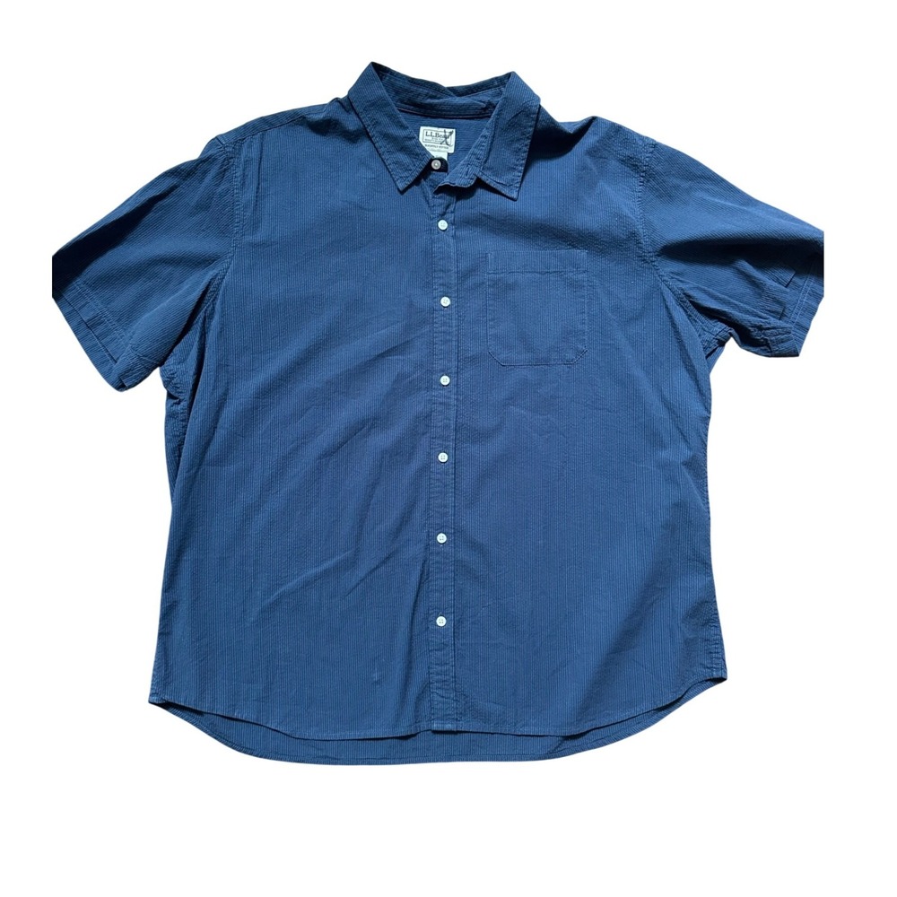 L.L. Bean Mens Blue Ribbed Short Sleeve Button Down Organic Cotton Shirt Sz XXL
